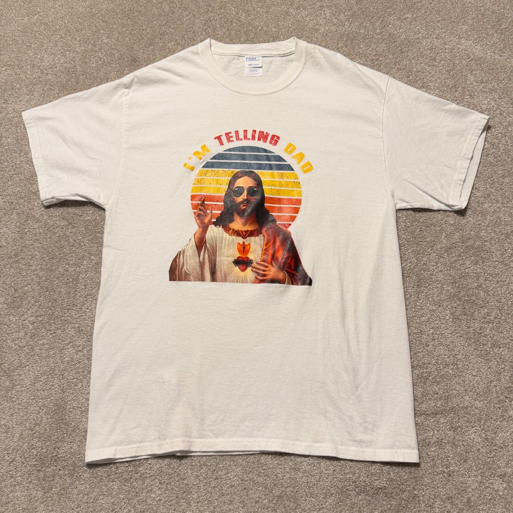 Jesus Graphic T-Shirt Mens Large White "Im Telling Dad" Retro Sun Port & Company